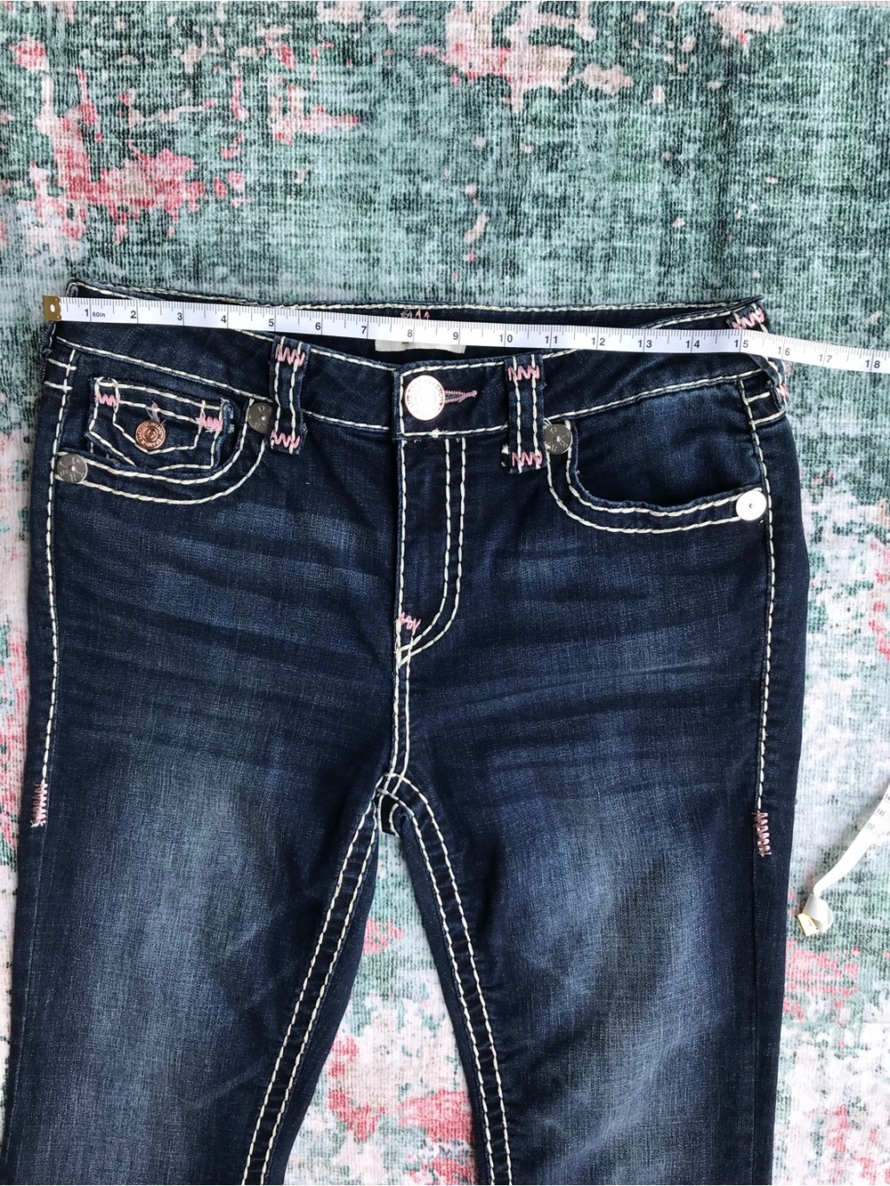 True Religion Women's Dark Blue Boot Cut Jeans with Pink Accent Stitching - Picture 9 of 11